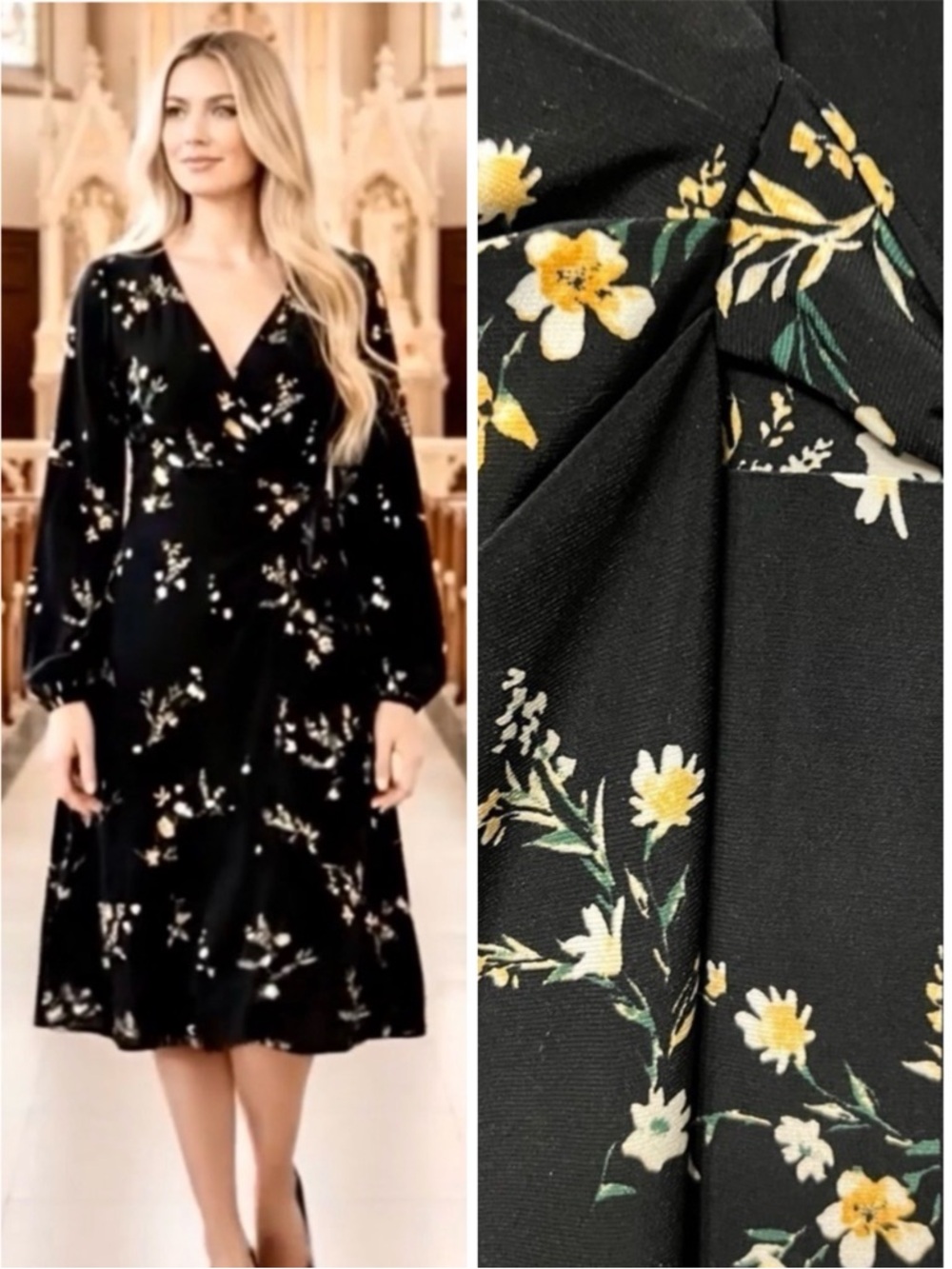 Lauren Ralph Lauren dress black with yellow flowers faux wrap long sleeves sz 12